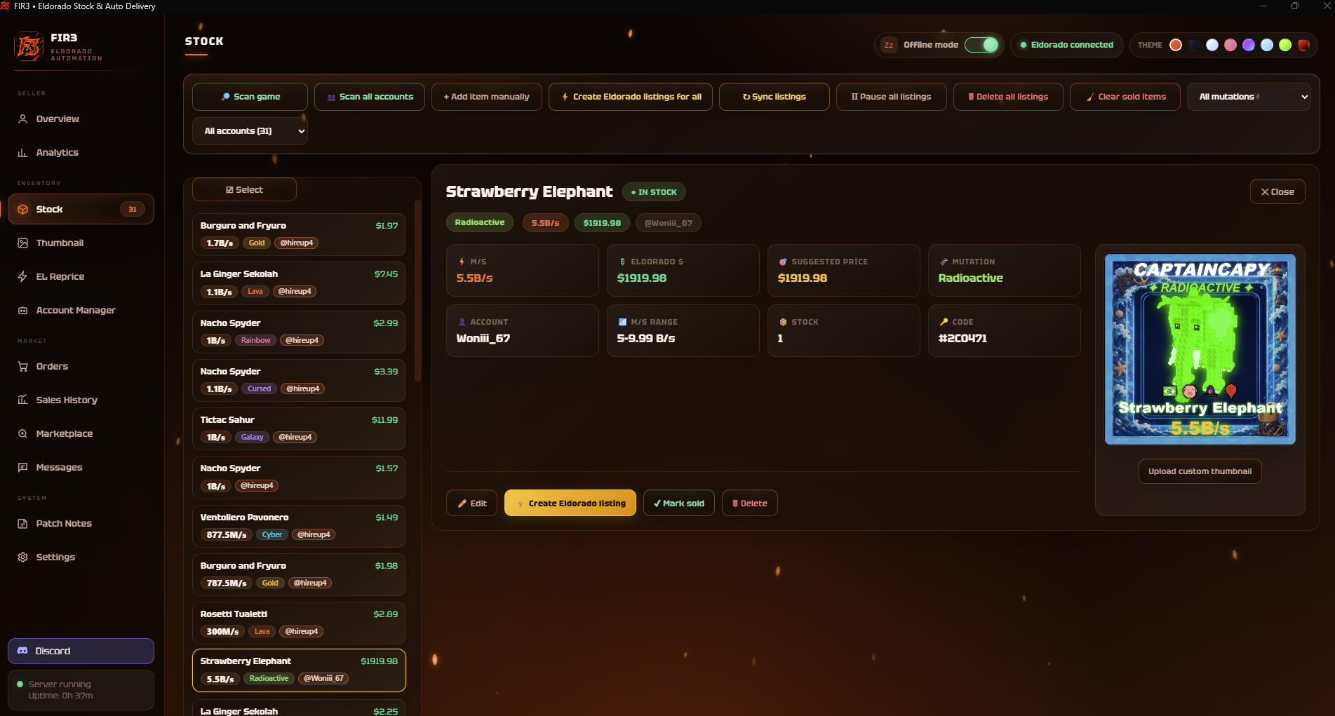 Current FIR3 stock management and Eldorado listing interface